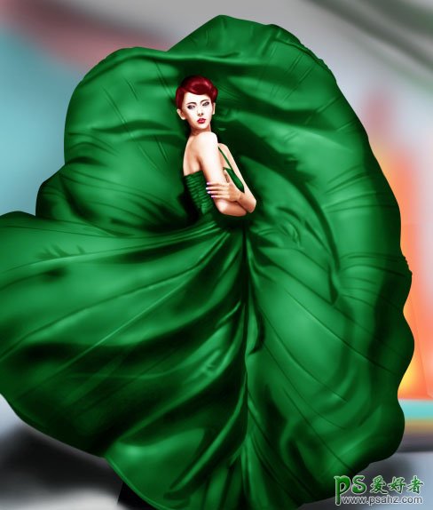 PS鼠绘教程：打造身穿飘逸绿裙的美少女艺术插画