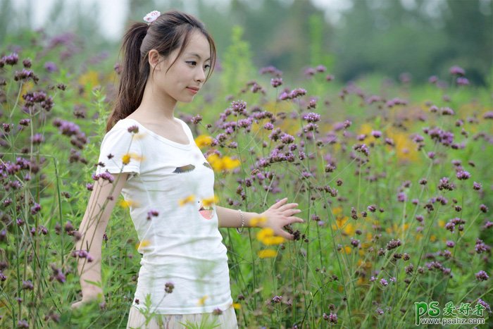 photoshop给花草地里清纯的少女写真照调出甜美的淡黄色