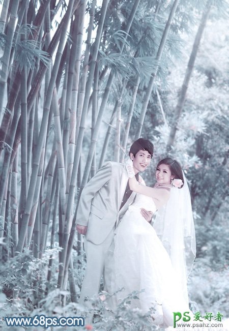 Ps婚片调色教程：给竹林中的婚纱写真照调出梦幻青蓝色
