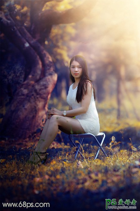 PS美女图片调色教程：给树林中的性感伊人写真照调出唯美的黄色