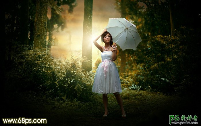 Photoshop给漂亮的森系美眉婚纱照调出黄褐色逆光效果