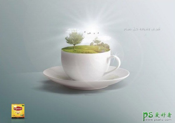清新简洁的冲泡饮料海报作品，创意的茶杯合成设计作品。