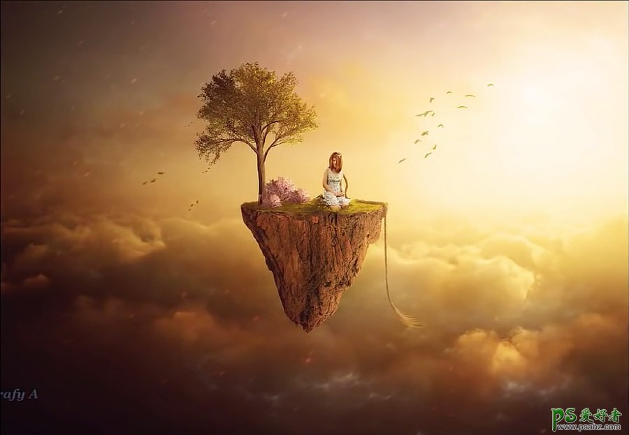 PS合成教程：创意合成少女坐在云层中漂浮的小岛梦幻场景图