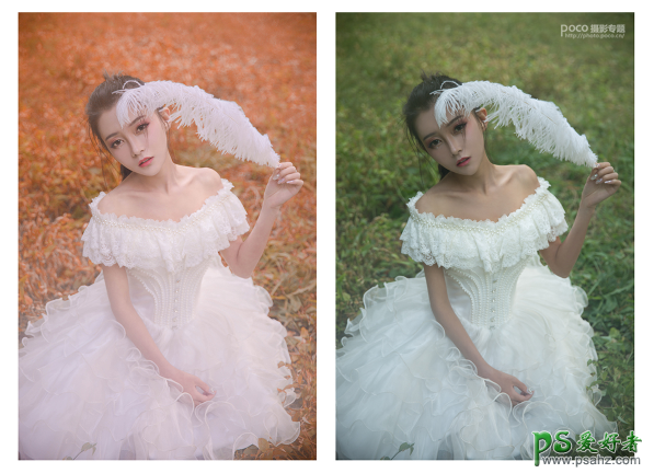 Photoshop给外景拍摄的少女婚纱照调出秋季暖黄色效果，少女心