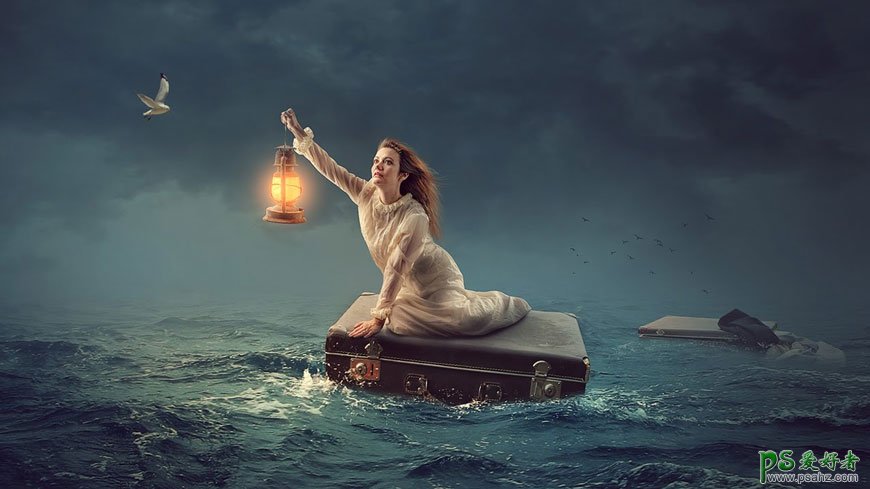 Photoshop创意合成风浪中在海上漂流的美女，坐皮箱漂流的美女。