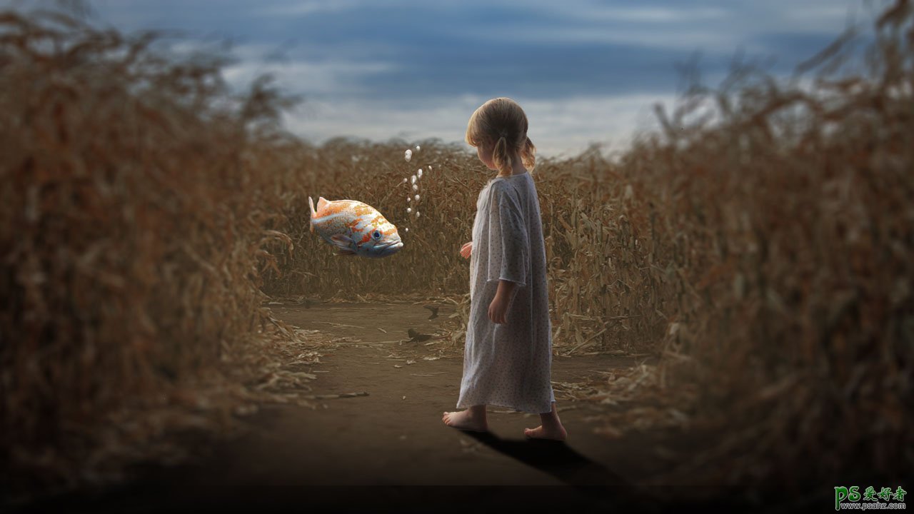 Photoshop创意合成玉米地里小女孩儿与热带鱼效果的梦幻场景。