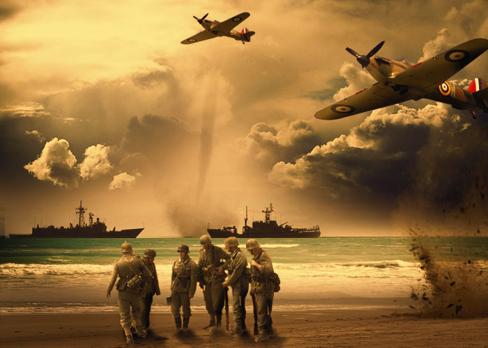 PS电影海报制作：创意合成海湾战争电影海报图片，海边战争场景。