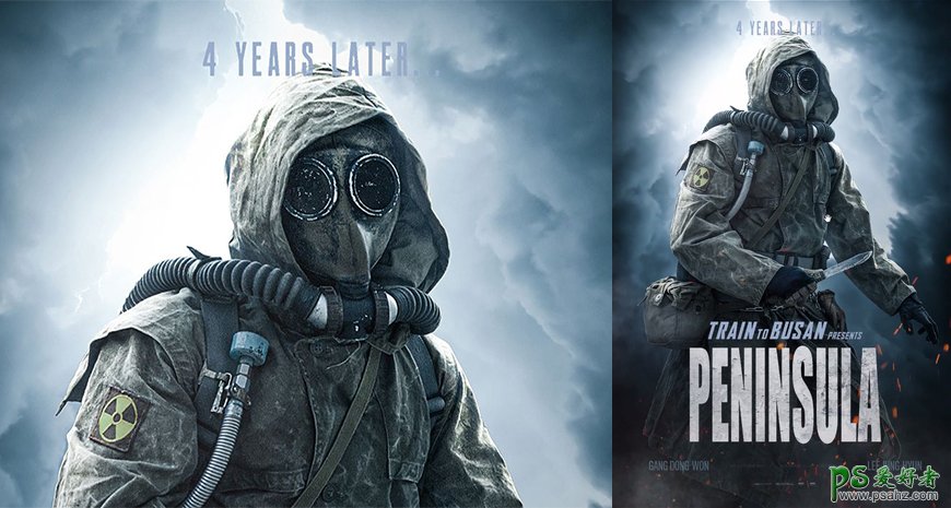 Photoshop制作以冷色为主题的生化人物电影海报图片。