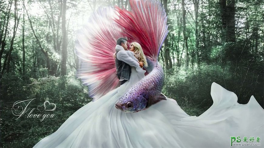 PS婚纱照合成教程：创意打造唯美浪漫的欧美情侣金鱼婚纱照。