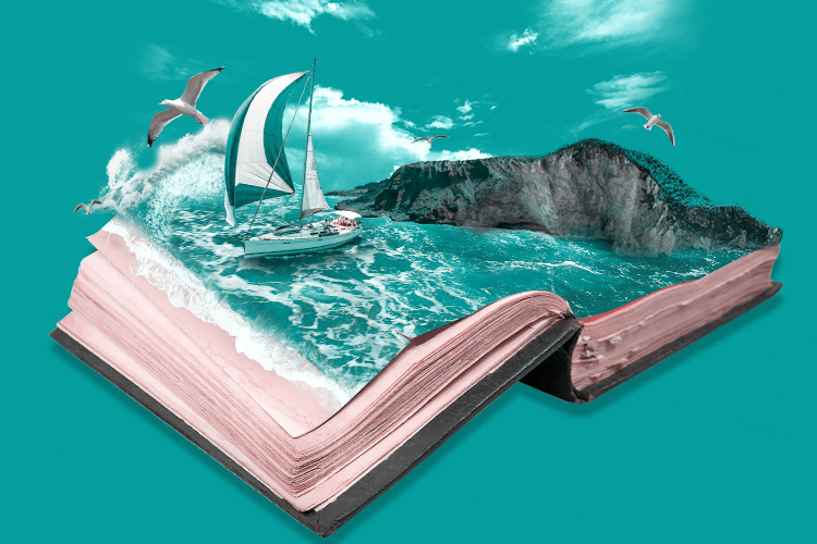 PS合成教程：在书本上创意合成出海上世界的场景。