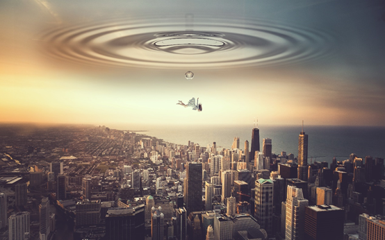 Photoshop合成一幅人物从天空中穿越到一个新的城市科幻场景。