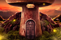 Photoshop创意合成小熊的蘑菇房子梦幻海报场景。
