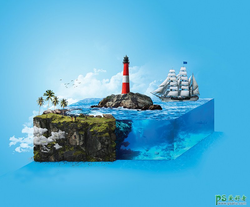 利用ps合成技术设计立方体海洋场景,大海中的灯塔和帆船立方体。