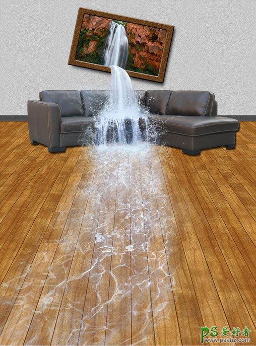 Photoshop合成从沙发背景墙画框中流出的瀑布。