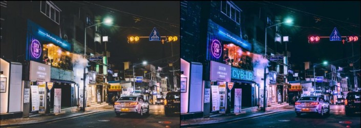 PS照片后期教程：学习给夜晚街景照片调出赛博朋克风格。